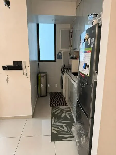 Kitchen features: white painted walls, tile flooring, floor-to-ceiling window, stainless-steel fridge, built-in cabinets, countertop, washing machine, green area rug, kitchen sink, dish drying rack; style: modern.