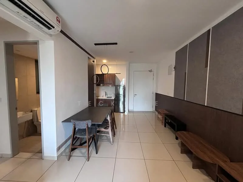 Dining features: dining table with 4 chairs, wall-mounted air conditioning unit, white tiled flooring, recessed ceiling lights, wooden bench, wooden side table, neutral wall color, open layout to kitchen, doorway leading to bathroom; style: modern. Room features: white painted walls, light fixtures, door to bathroom.