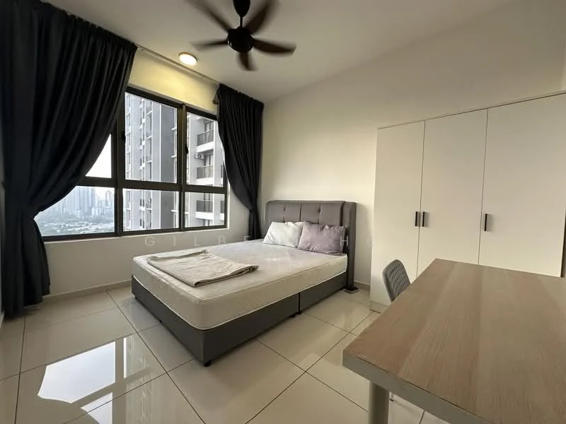 Bedroom features: king-size bed, upholstered headboard, 2 bedside pillows, floor-to-ceiling windows, blackout curtains, ceiling fan, white walls, glossy tile flooring, study desk, grey upholstered chair, built-in wardrobe with sliding doors; style: modern; view: city.