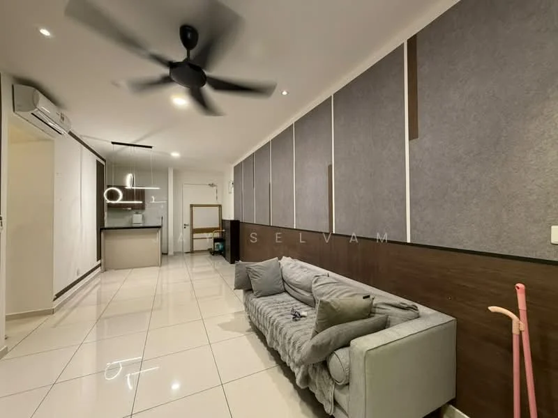 Living features: grey fabric sofa, 3-seater sofa, ceiling fan, recessed downlights, wall-mounted air conditioning unit, white tiled flooring, feature wall with grey paneling, wood paneling, open layout to kitchen, decorative wall lighting; style: modern.
