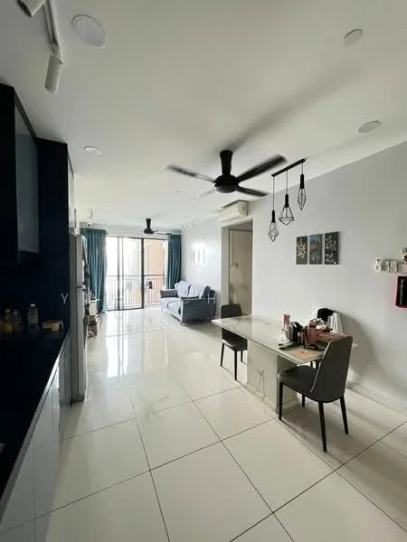 Living features: white painted walls, polished ceramic tile flooring, 5-blade ceiling fan with light, sofa in light grey, glass dining table, upholstered dining chairs, pendant lighting, floor-to-ceiling windows, curtains in teal, decorative wall art, open layout to kitchen, balcony access; style: modern; view: city. Kitchen features: black cabinetry, stainless-steel appliances, granite countertop, single-bowl stainless-steel sink, chrome pull-down faucet; style: modern.