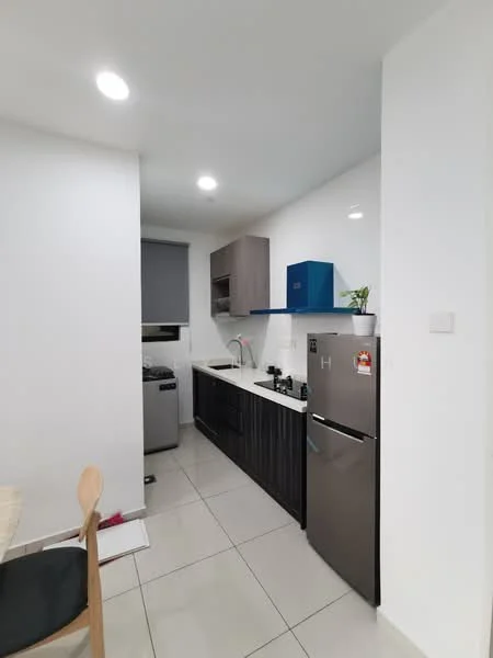 Kitchen features: white painted walls, grey cabinetry, blue accent cabinet, marble countertop, stainless-steel sink, chrome pull-down faucet, built-in oven, stainless-steel fridge, ceramic tile flooring, recessed downlights, window with roller blinds, washing machine, kitchen appliances on countertop; style: modern.