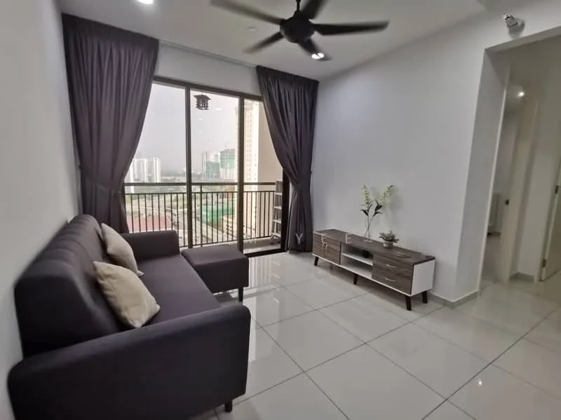 Living features: 3-seater fabric sofa in dark grey, 2 decorative cushions, white TV console with storage, flat-screen TV, floor-to-ceiling windows, blackout curtains, white walls, glossy ceramic tile flooring, ceiling fan with light, decorative plant in ceramic pot, balcony view; style: modern; view: city.