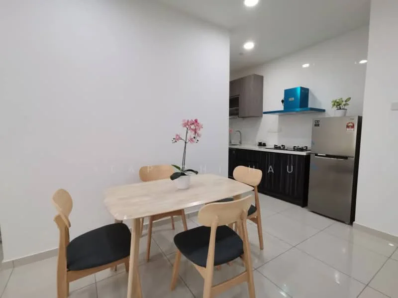 Dining features: round dining table, 4 wooden dining chairs with black upholstery, white walls, tile flooring, recessed downlights, kitchen area visible in background, stainless-steel fridge, kitchen cabinets in dark wood, blue accent cabinet, sink visible in kitchen area, gas stove with hood; style: modern.