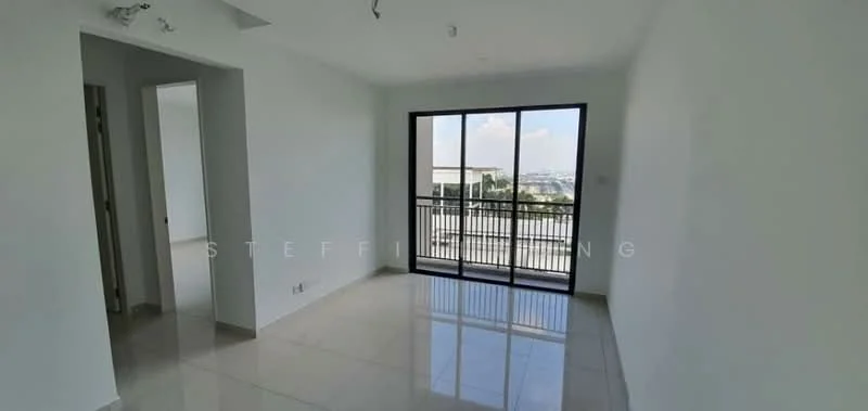 Room features: white painted walls, glossy ceramic tile flooring, floor-to-ceiling windows, sliding glass door, balcony access, recessed ceiling lights, city view; style: modern; view: city.