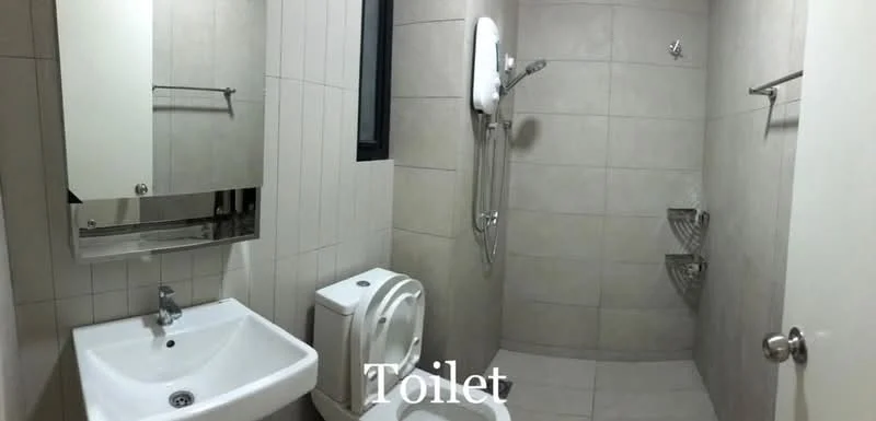 Bathroom features: white ceramic sink, chrome basin mixer faucet, mirror above sink, white toilet, shower area with handheld shower, wall-mounted shower head, tile flooring, light grey wall tiles, towel rack, shower caddy, window for ventilation; style: modern.