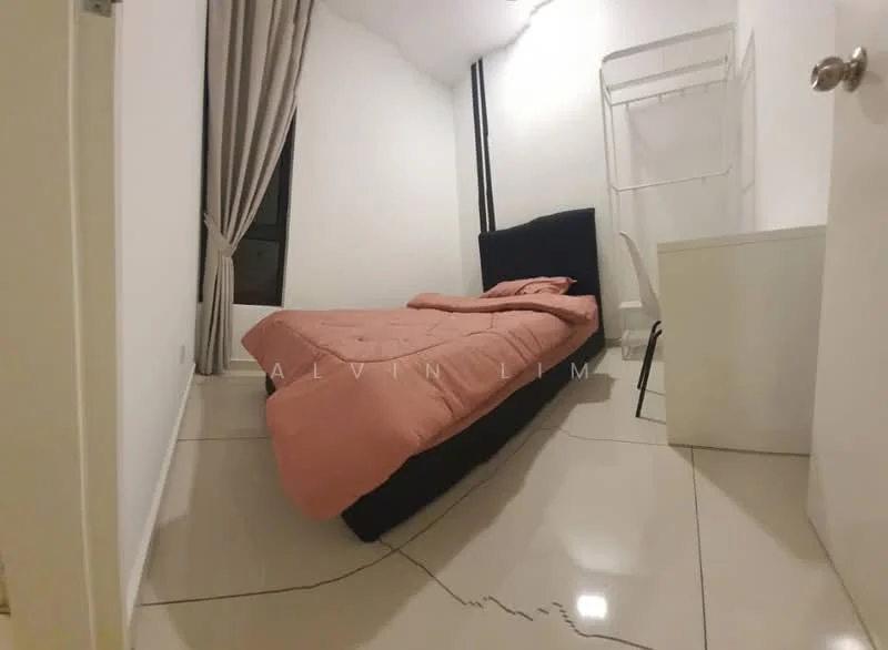 Bedroom features: king-size bed with pink bedding, white painted walls, glossy tile flooring, floor-to-ceiling window, curtains, black upholstered headboard, white bedside table, clothes rack, minimalist decor; style: modern.