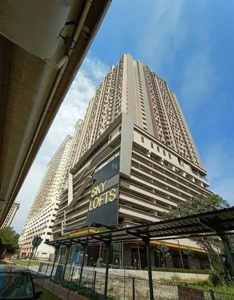 Exterior type: high-rise condominium; features: glass curtain wall, cream painted facade, projecting balconies, feature signage, multiple storeys, surrounded by greenery, parking structure, modern architectural design; style: modern.