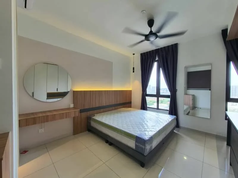 Bedroom features: queen-size bed, upholstered headboard, wall-mounted mirror, built-in wardrobe with sliding doors, wooden bedside table, ceiling fan with light, floor-to-ceiling windows, dark curtains, light-colored walls, tile flooring, LED strip lighting, decorative wall paneling; style: modern; view: city.