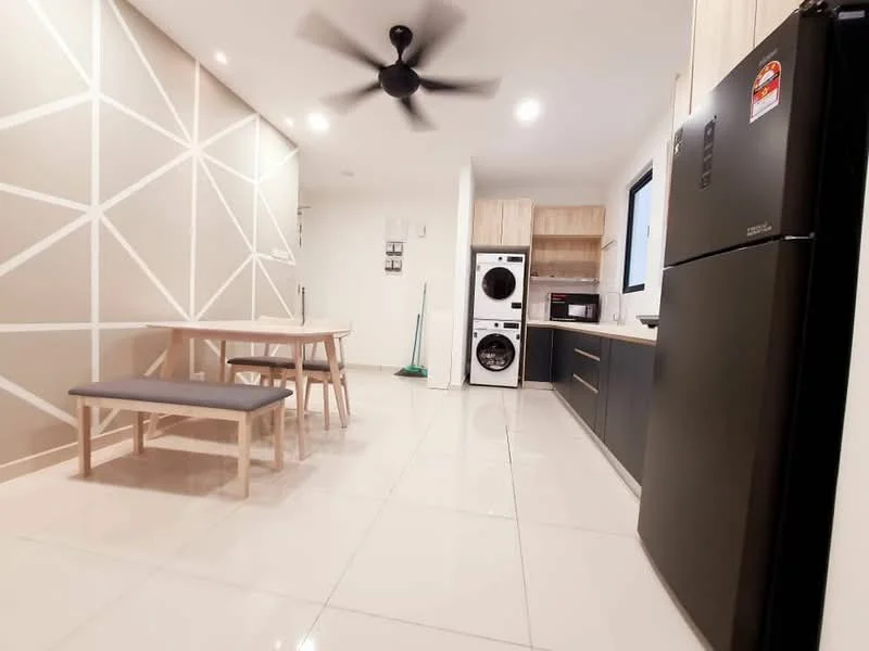 Kitchen features: white painted walls, geometric accent wall, polished ceramic tile flooring, ceiling fan, black refrigerator, built-in microwave, freestanding washing machine, wooden dining table, 2 wooden benches, black cabinetry, light wood cabinetry, window with natural light; style: modern.