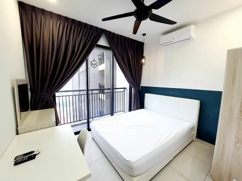 Bedroom features: queen-size bed with white mattress, black ceiling fan with light, floor-to-ceiling windows, dark brown curtains, white painted walls, green accent wall, light-colored bedside table, light-colored dresser, wall-mounted air conditioning unit, tile flooring; style: modern.