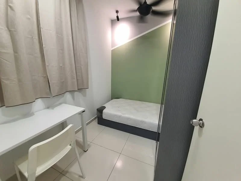 Bedroom features: single bed with mattress, green accent wall, white painted walls, ceiling fan, floor tiles, curtains, study desk, white chair, built-in wardrobe; style: modern.