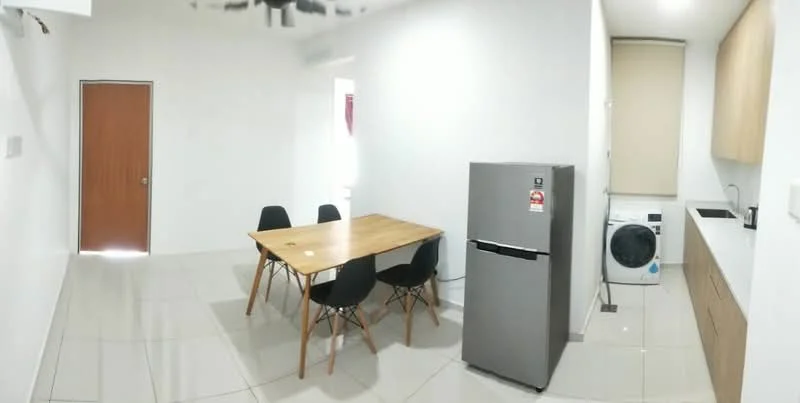 Dining features: white painted walls, glossy tile flooring, wood dining table, 4 black dining chairs, stainless-steel fridge, front-load washing machine, kitchen countertop with sink, wood cabinetry, window with blinds; style: modern.