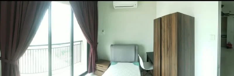 Bedroom features: queen-size bed, grey upholstered headboard, wooden bedside table, desk with chair, floor-to-ceiling windows, sheer curtains, dark brown wardrobe, wall-mounted split AC; style: modern; view: city.