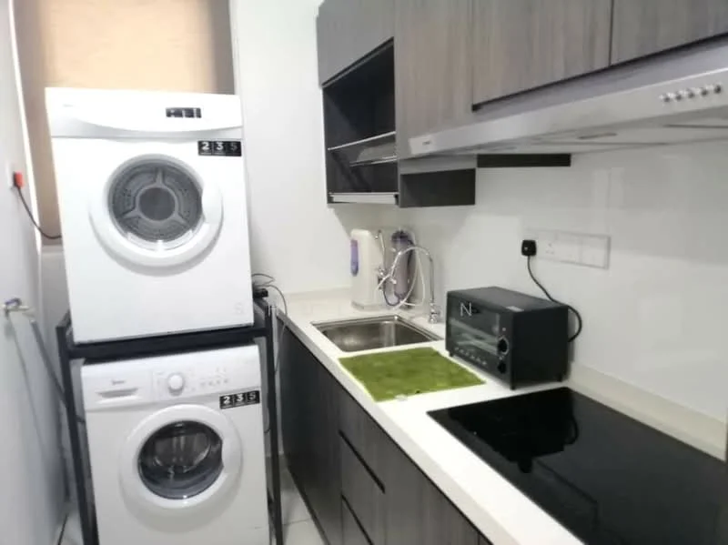 Kitchen features: grey cabinetry, white countertop, single-bowl stainless-steel sink, chrome pull-down faucet, built-in electric cooktop, microwave, stacked washer and dryer, kitchen appliances, tile backsplash, under-cabinet lighting; style: modern.