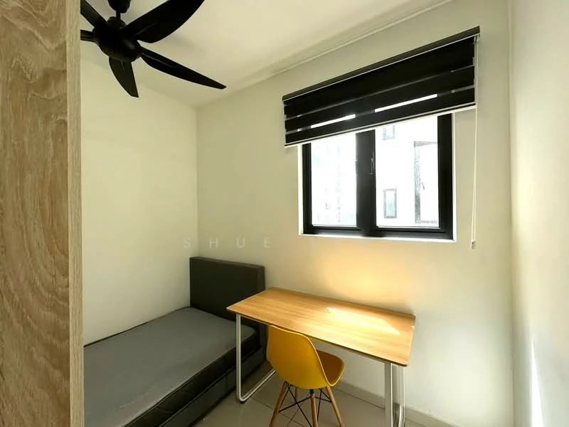 Bedroom features: single bed, grey bed frame, study desk with wooden top, yellow chair, black ceiling fan, black roller blinds, white painted walls, tile flooring, window with view to exterior; style: modern.