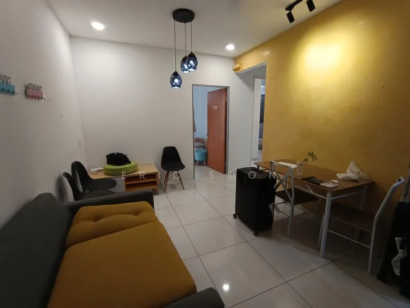 Living features: grey fabric sofa, yellow upholstered ottoman, black dining chairs, wooden dining table, white tiled flooring, yellow accent wall, white painted walls, hanging pendant lights, recessed ceiling lights, black cabinet, small potted plant; style: modern.