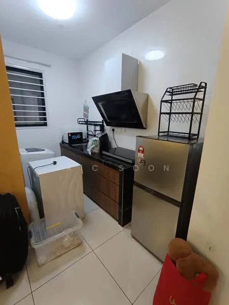 Kitchen features: white painted walls, glossy tile flooring, stainless-steel fridge, built-in oven, stainless-steel range hood, wood cabinetry, countertop, washing machine, open shelving, black wire rack; style: modern.
