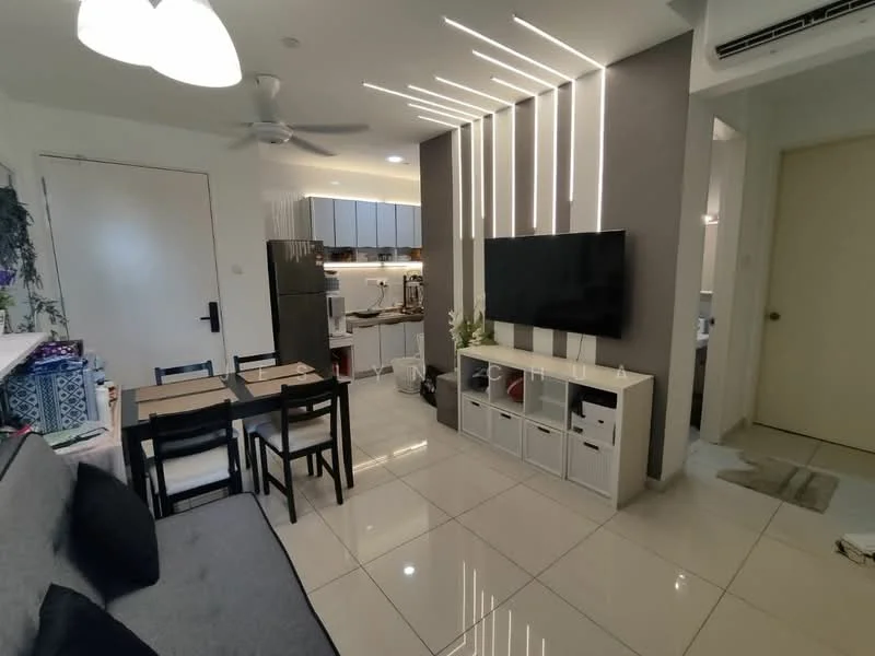 Living features: grey fabric sofa, black throw pillows, dining table for four, black dining chairs, flat-screen TV mounted on wall, white TV console with storage, recessed lighting, ceiling fan, white tiled flooring, decorative wall with vertical lighting, open kitchen view, kitchen cabinets in light grey, kitchen appliances visible; style: modern.