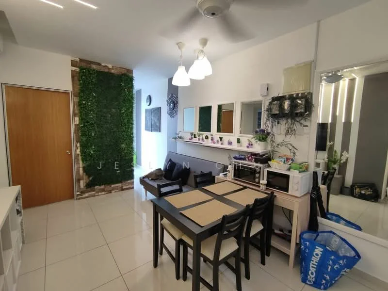 Dining features: white walls, glossy tile flooring, 5-blade ceiling fan with light, 3 pendant lights, dining table with 4 black chairs, microwave, built-in cabinetry, decorative wall with green plants, mirror above the table, decorative artwork on the wall, blue shopping bag, wooden door, wall-mounted decor; style: modern.