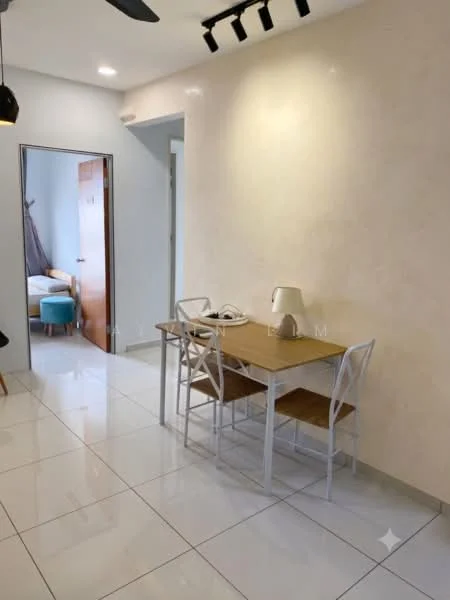 Dining features: white painted walls, glossy white tile flooring, 4-seater wooden dining table, white metal dining chairs, table lamp on dining table, recessed LED downlights, ceiling fan, doorway leading to another room; style: modern.