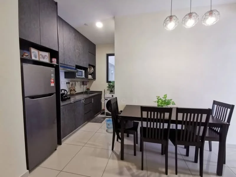 Kitchen features: black cabinetry, stainless-steel fridge, built-in microwave, ceramic tile flooring, white walls, recessed downlights, 3-blade ceiling fan, dining table with 6 black wooden chairs, kitchen countertop, sink, kitchen utensils visible, potted plant; style: modern.