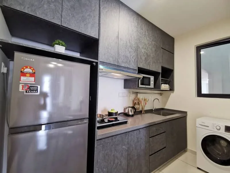 Kitchen features: grey laminate cabinetry, stainless-steel fridge, built-in microwave, single-bowl stainless-steel sink, chrome pull-down faucet, grey countertop, stovetop with 2 burners, washing machine, wall-mounted cabinets, tile backsplash, recessed downlights, white walls, ceramic tile flooring; style: modern.