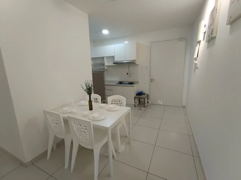Dining features: white dining table, 4 white plastic dining chairs, ceramic plates on the table, white painted walls, tile flooring, recessed ceiling lights, kitchen area visible in background, stainless-steel gas stove, kitchen cabinets, fridge visible in background; style: modern.