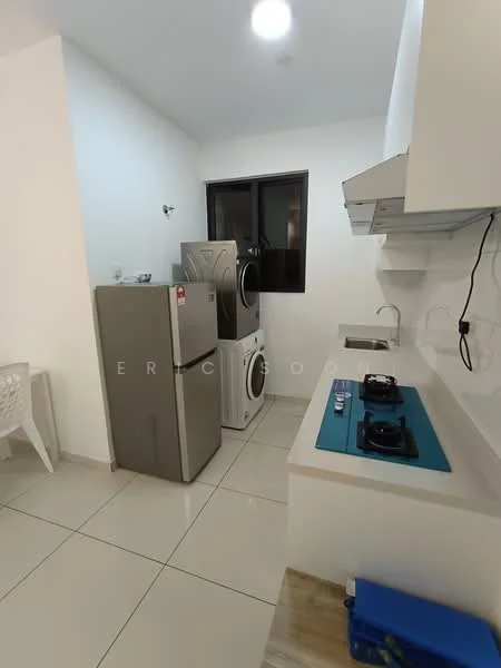Kitchen features: white painted walls, ceramic tile flooring, single-bowl stainless-steel sink, chrome pull-down faucet, built-in kitchen countertop, 2-burner gas hob, stainless-steel fridge, front-load washing machine, dryer, window with black frame; style: modern.
