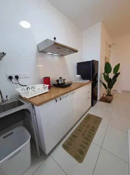 Kitchen features: white cabinets, wooden countertop, stainless-steel range hood, single-bowl stainless-steel sink, black fridge, white dish rack, white laundry basket, green potted plant, white tiled backsplash, ceramic tile flooring, recessed lighting; style: modern.
