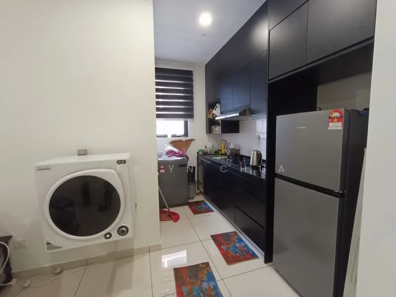 Kitchen features: black cabinetry, stainless-steel fridge, built-in washing machine, grey countertop, single-bowl stainless-steel sink, chrome pull-down faucet, ceramic tile flooring, window with blinds, kitchen utensils on countertop, dishwasher, colorful area rug; style: modern.