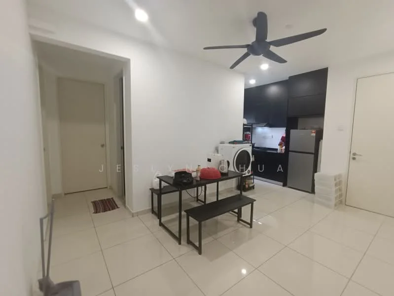 Living features: white painted walls, glossy tile flooring, 5-blade ceiling fan with light, black dining table, black bench seating, open layout to kitchen, refrigerator, washing machine, doorway to hallway, light switch, decorative rug; style: modern. Room features: white painted walls, glossy tile flooring, doorway to kitchen, doorway to hallway.