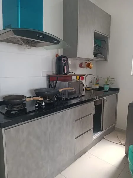 Kitchen features: grey cabinetry, black countertop, stainless-steel sink, chrome pull-down faucet, built-in oven, freestanding range oven, stainless-steel range hood, black frying pan, black pot, coffee machine, wall-mounted shelf with mugs, potted plant, tile flooring; style: modern.