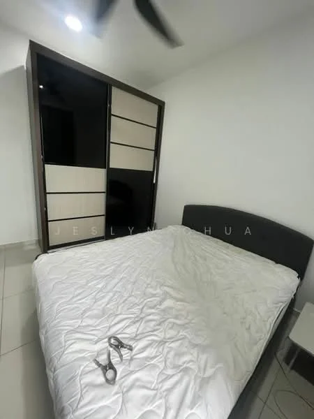 Bedroom features: queen-size bed, upholstered headboard, built-in wardrobe with sliding doors, white painted walls, tile flooring, ceiling fan, nightstand, scissors on bed; style: modern.