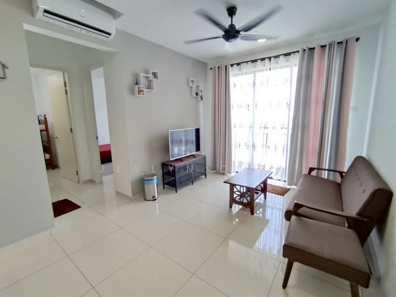 Living features: white painted walls, glossy tile flooring, 5-blade ceiling fan with light, floor-to-ceiling windows, sheer curtains, TV console, wall-mounted TV, 2-seater fabric sofa in brown, wooden coffee table, decorative wall shelves; style: modern.