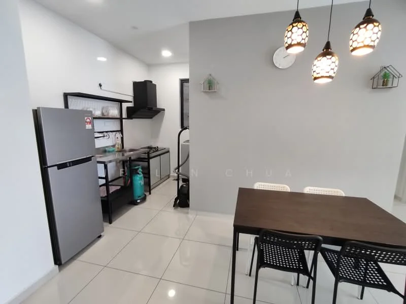 Kitchen features: stainless-steel fridge, black open shelving, black countertop, built-in stove, exhaust hood, white tiled backsplash, white painted walls, grey floor tiles, 3-blade ceiling fan with light, pendant lighting, dining table with 4 chairs; style: modern.