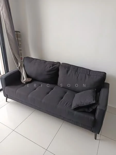 Living features: 3-seater fabric sofa in grey, throw pillows, floor-to-ceiling windows, white walls, glossy tile flooring, curtains, metal legs on sofa; style: modern.