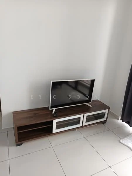 Living features: white painted walls, glossy ceramic tile flooring, wooden TV console with glass doors, flat-screen TV, remote control on console, curtains in dark grey, natural light from window; style: modern.