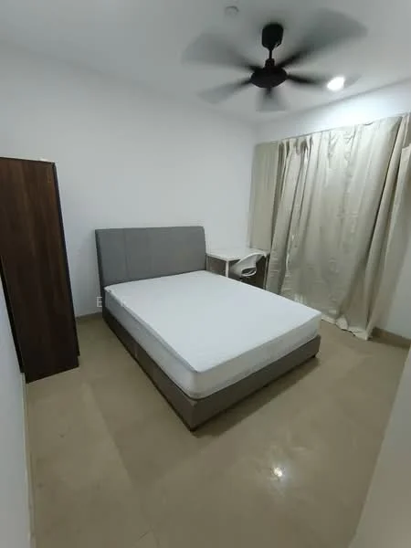 Bedroom features: queen-size bed, upholstered headboard, ceiling fan, white painted walls, light-colored flooring, curtains, nightstand, wardrobe; style: modern.