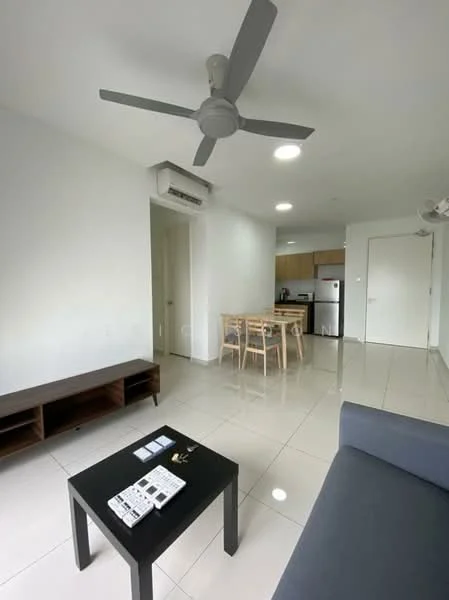 Living features: grey fabric sofa, black coffee table, 5-blade ceiling fan with light, wall-mounted air conditioning unit, white painted walls, glossy tile flooring, recessed ceiling lights, floor-to-ceiling windows, open layout to kitchen, wooden TV console; style: modern. Kitchen features: kitchen island with seating, stainless-steel fridge, built-in oven, freestanding range oven, white cabinetry, light-colored countertops; style: modern.