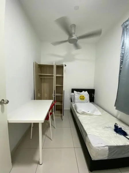Bedroom features: single bed, white bedding, ceiling fan, white painted walls, tile flooring, study desk, 2 red chairs, built-in wardrobe with open shelving, curtains on window; style: modern.