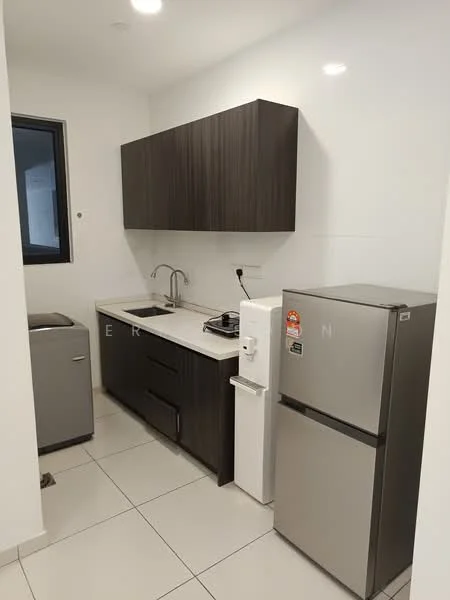 Kitchen features: dark wood cabinetry, white countertop, single-bowl stainless-steel sink, chrome pull-down faucet, built-in gas stove, stainless-steel fridge, washing machine, white tiled backsplash, ceramic tile flooring, window with black frame; style: modern.