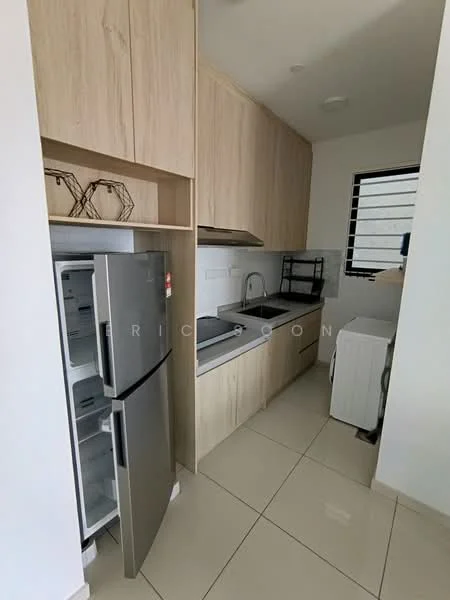 Kitchen features: light wood cabinetry, stainless-steel fridge, single-bowl stainless-steel sink, chrome pull-down faucet, grey countertop, ceramic tile flooring, wall-mounted shelves, window with horizontal blinds, built-in oven, washing machine; style: modern.