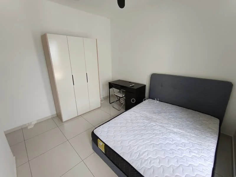 Bedroom features: queen-size bed with mattress, upholstered headboard in grey, white wardrobe with sliding doors, black study desk, tile flooring, white painted walls, ceiling fan, window with no visible treatment; style: modern.