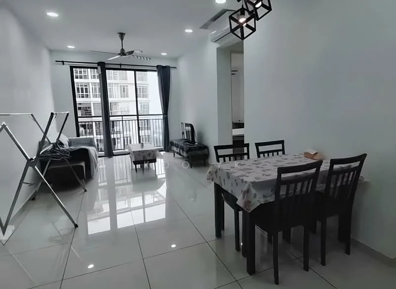 Living features: white painted walls, glossy tile flooring, 5-blade ceiling fan with light, floor-to-ceiling windows, sliding glass door, blackout curtains, sofa, dining table with chairs, folding drying rack, decorative light fixture; style: modern; view: city.