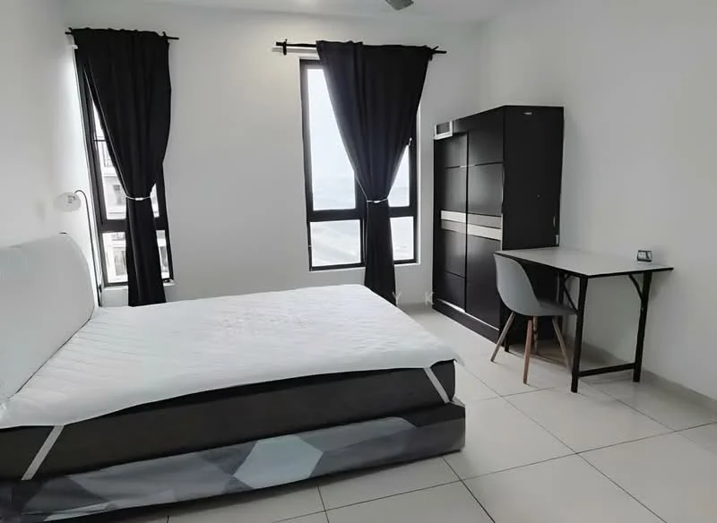 Bedroom features: queen-size bed with white bedding, black curtains, floor-to-ceiling windows, white painted walls, light-colored tiled flooring, black wardrobe with sliding doors, study desk with chair, ceiling fan; style: modern; view: city.