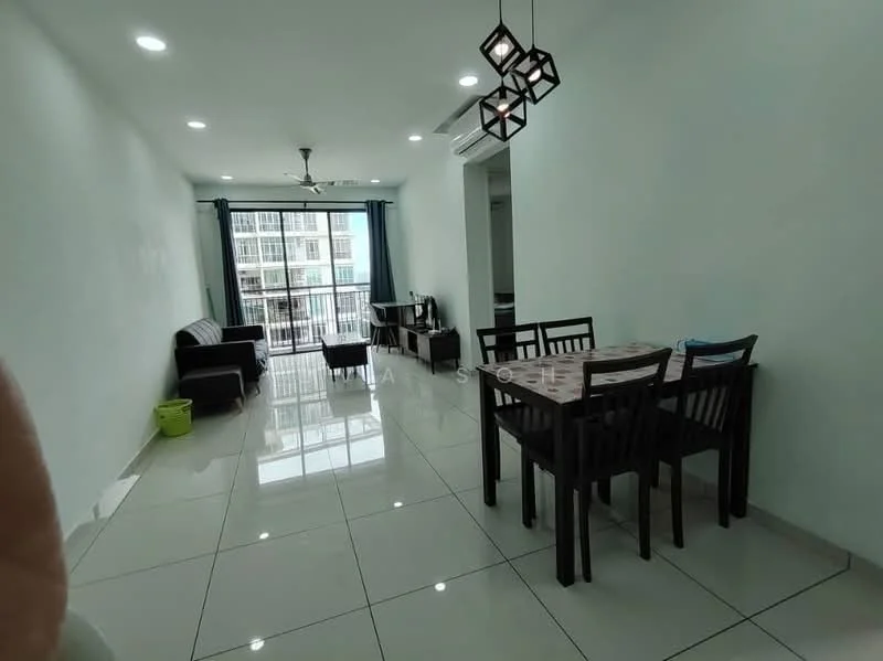 Living features: white painted walls, glossy ceramic tile flooring, 5-blade ceiling fan with light, recessed LED downlights, sofa in black leather, coffee table, TV console, wall-mounted TV, dining table with 4 chairs, sliding glass door, curtains in blue, balcony view; style: modern; view: city.