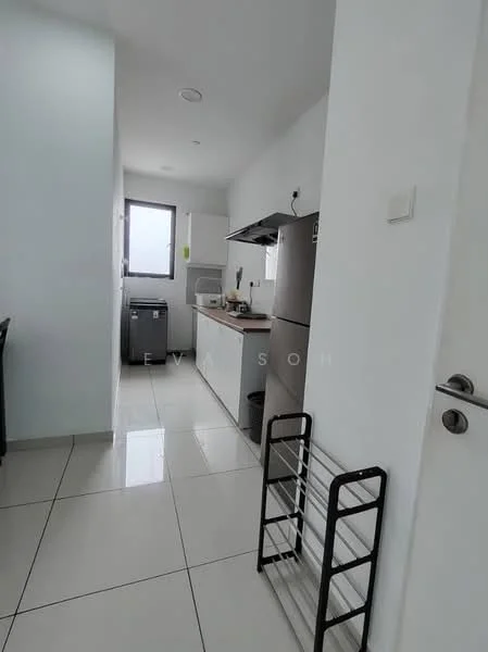 Kitchen features: white painted walls, glossy white tile flooring, stainless-steel refrigerator, built-in oven, stainless-steel sink, chrome pull-down faucet, wooden countertop, kitchen cabinets, window with natural light, open shelving, dish rack, kitchen appliances, light fixture, wall-mounted storage rack; style: modern.