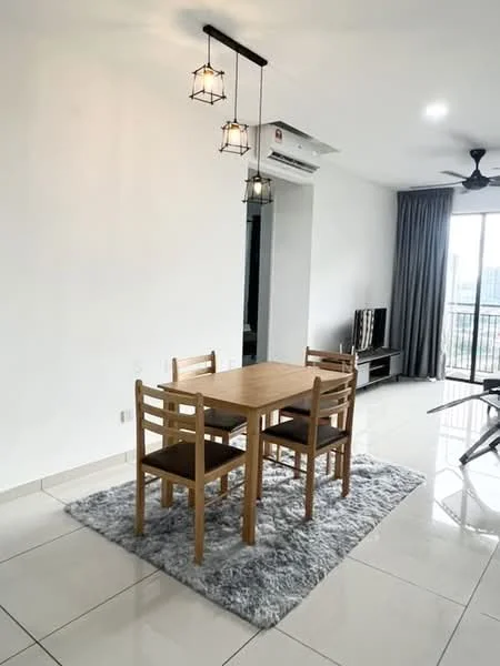 Dining features: 4-seater wooden dining table, 4 wooden dining chairs, grey area rug, white painted walls, glossy white tile flooring, 5-blade ceiling fan with light, recessed ceiling lights, floor-to-ceiling windows, curtains, wall-mounted TV, air conditioning unit; style: modern; view: city.