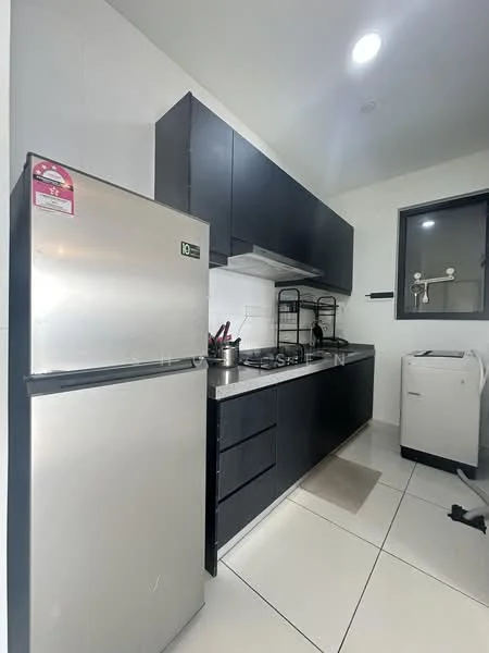 Kitchen features: black cabinetry, stainless-steel fridge, built-in oven, ceramic tile flooring, white countertop, sink, wall-mounted shelf, window, recessed lighting, washing machine, dish rack; style: modern.